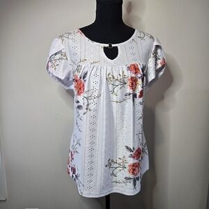 Saukole Blouse Womens Small White New Floral Eyelet Keyhole Ring Flutter Sleeve